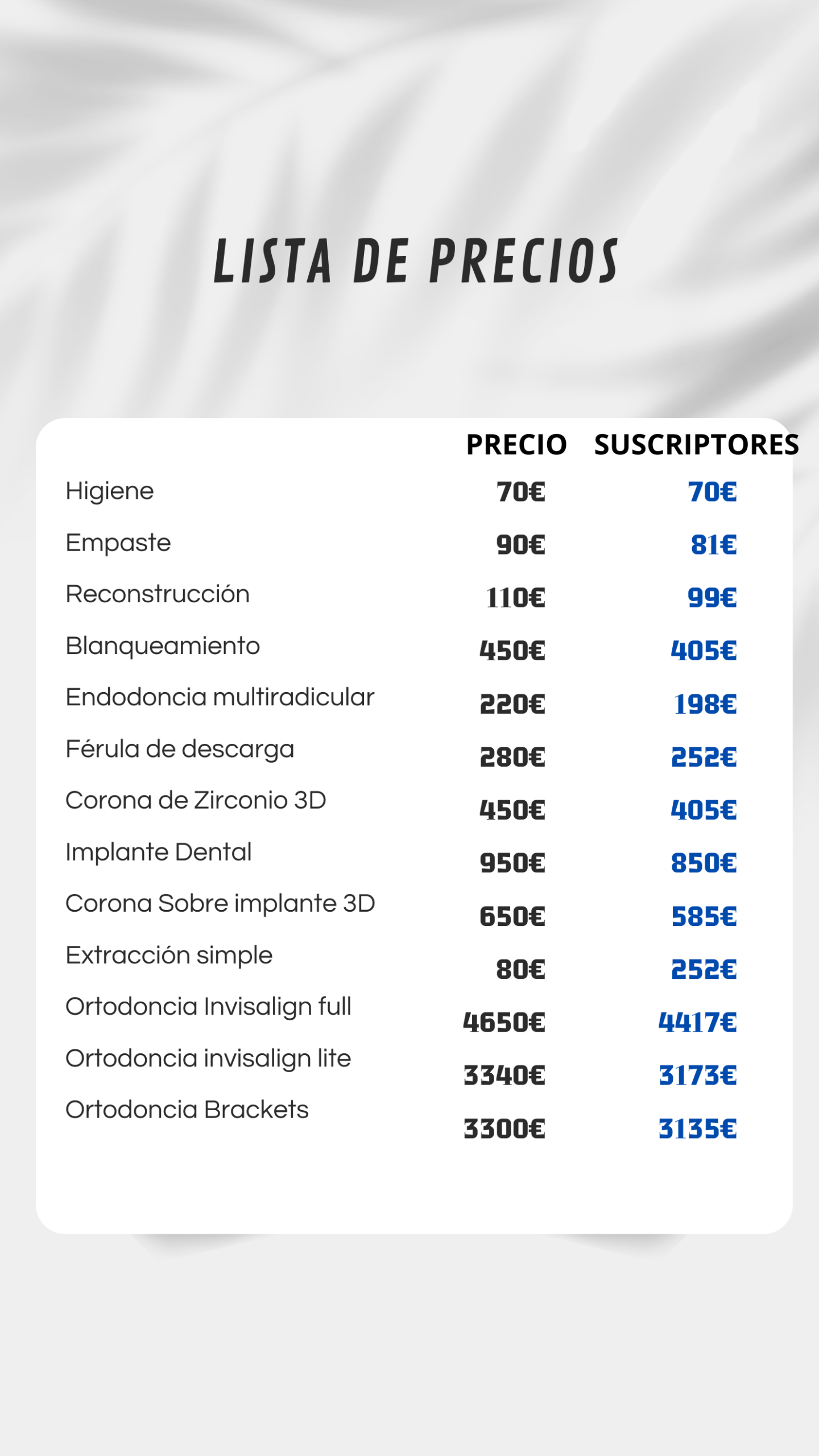 Tarifas orientativas de tratamientos en Clínica Dental Nin