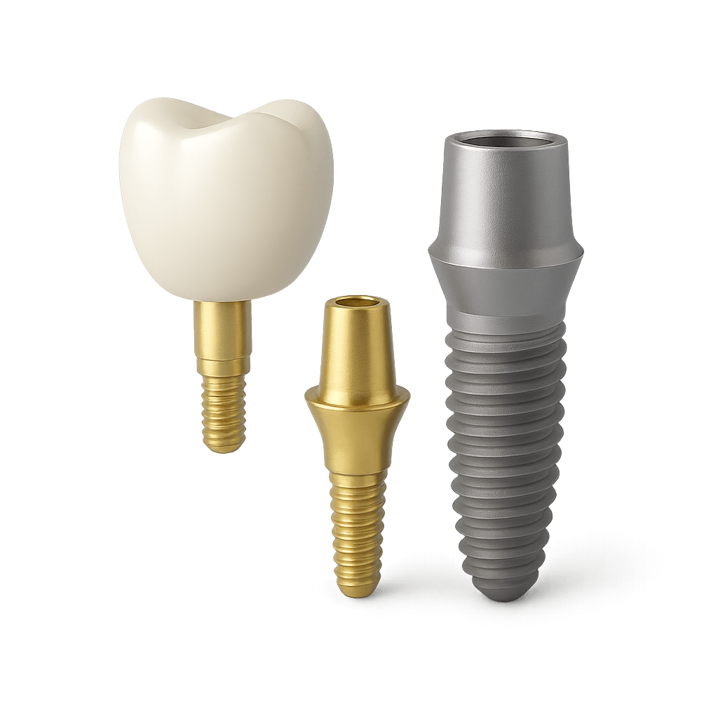 Componentes de un implante unitario: implante, pilar (tibase) y corona