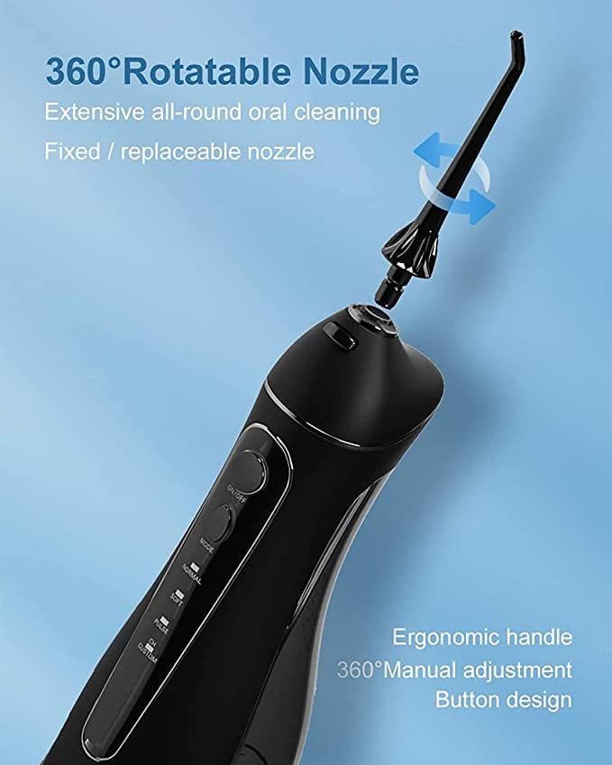 Vista adicional del irrigador dental Nicwell negro y accesorios