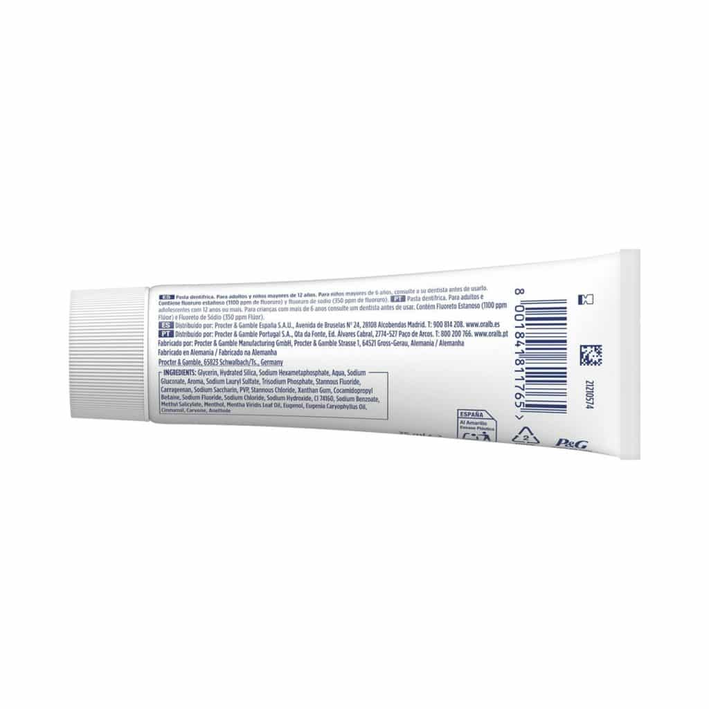 Oral-B Pro-Expert Protección Profesional · Reverso del tubo · Fuente: Clarel