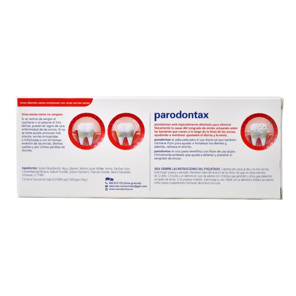 Parodontax Original 75 ml, reverso de la caja con ingredientes e instrucciones