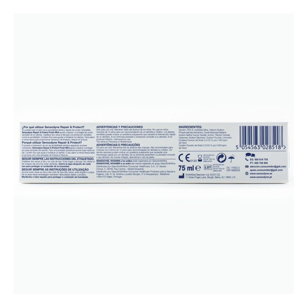Sensodyne Repair & Protect, vista posterior de la caja de 75 ml